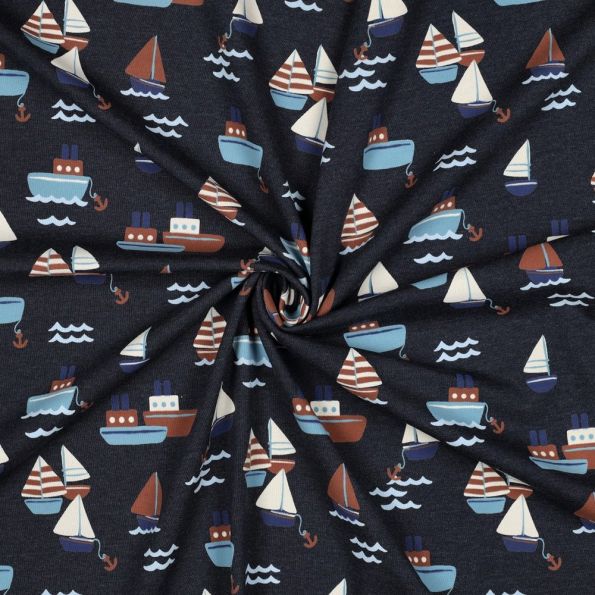 Tissu Jersey Coton mélangé Nolan petits bateaux sur fond Bleu marine - Par 10 cm