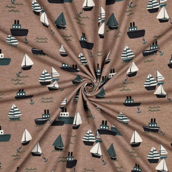 Tissu Jersey Coton mélangé Nolan petits bateaux sur fond Taupe chiné - Par 10 cm