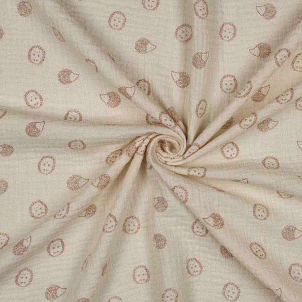 Tissu Double gaze de Coton Lidia petits hérissons Taupe sur fond Naturel - Par 10 cm