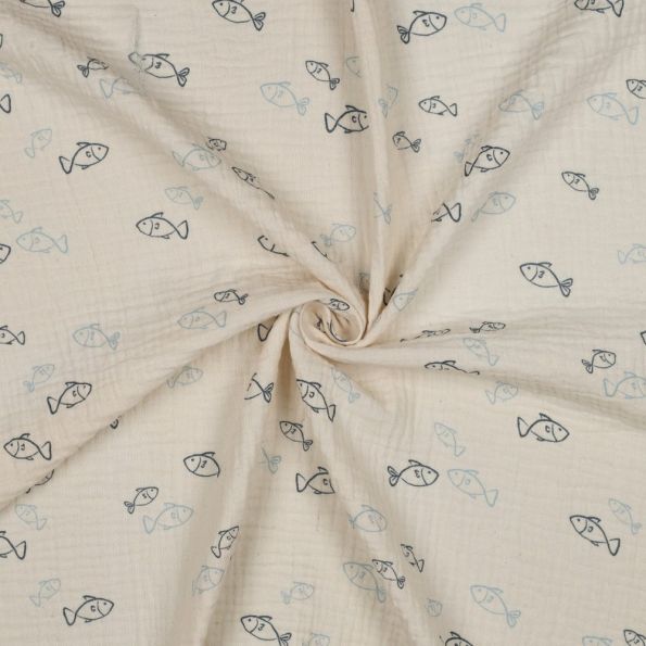 Tissu Double gaze de Coton Bio Elisa petits poissons Bleu sur fond Ecru - Par 10 cm