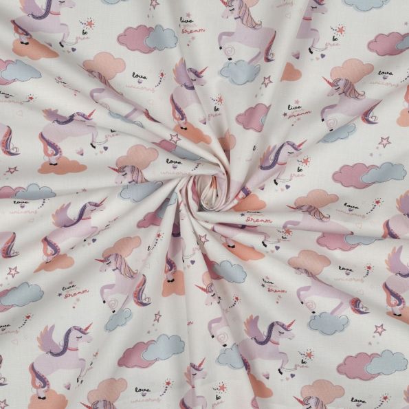 Tissu Popeline de Coton Zelhia licornes magiques sur fond Blanc cassé - Par 10 cm