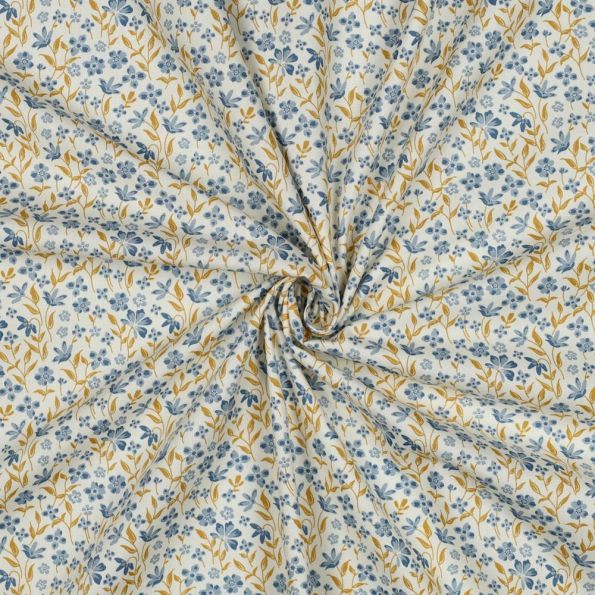 Tissu Popeline de Coton Marie petites fleures Bleu sur fond Blanc cassé - Par 10 cm