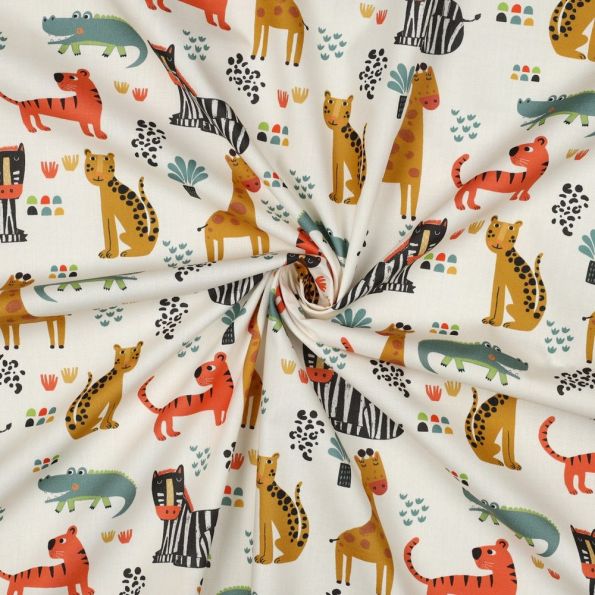 Tissu Popeline de Coton Léo animaux savane sur fond Blanc cassé - Par 10 cm