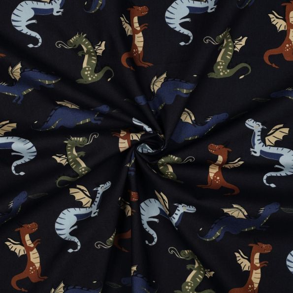 Tissu Popeline de Coton Eliot dragons multicolore sur fond Bleu marine - Par 10 cm