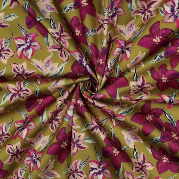 Tissu Coton satiné digital Naya fleurs Pourpre et Rose sur fond Ocre - Par 10 cm