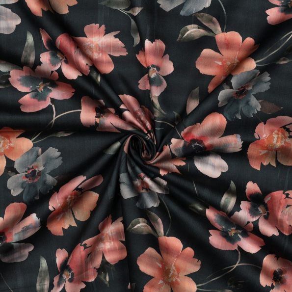 Tissu Coton satiné digital Mila grandes fleurs sur fond Noir - Par 10 cm