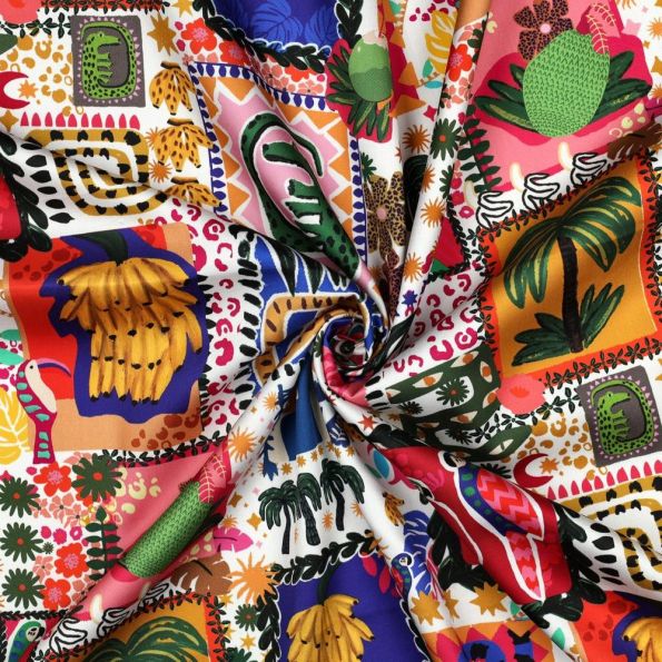 Tissu Satin de Coton Digital Zina patchwork exotique sur fond Blanc - Par 10 cm