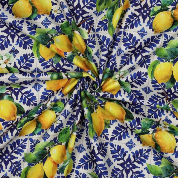 Tissu Coton Viscose Digital Chiara citrons sur carreaux bleu sur fond Blanc cassé - Par 10 cm