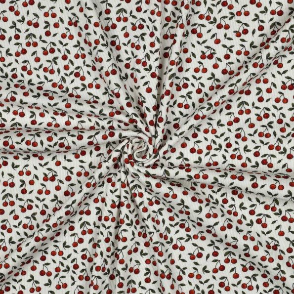 Tissu Jersey Bord Côte Digital Ambre petites cerises Rouges sur fond Blanc cassé - Par 10 cm