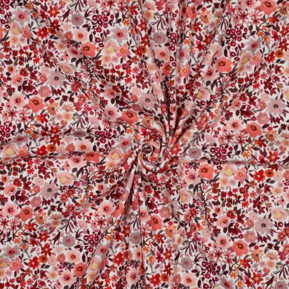 Tissu Jersey Bord Côte Digital Léonie fleurs sauvages ton Pêche sur fond Blanc cassé - Par 10 cm