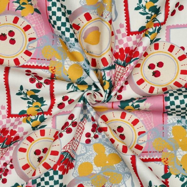 Tissu Toile de Coton canvas digital Lisa patchwork déjeuner sur fond Blanc cassé - Par 10 cm