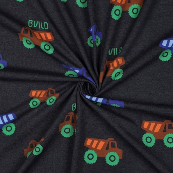 Tissu Jersey Coton mélangé Engins de chantier sur fond Bleu marine - Par 10 cm