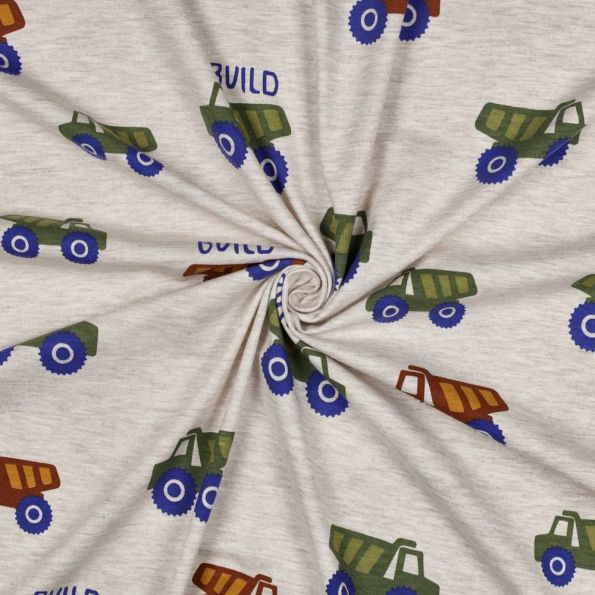 Tissu Jersey Coton mélangé Engins de chantier sur fond Gris chiné - Par 10 cm
