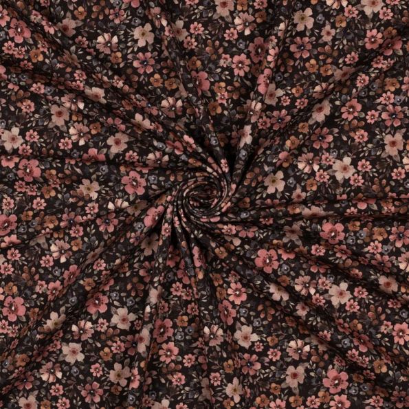 Tissu Jersey Coton imprimé Fleuris Adria sur fond Noir - Par 10 cm