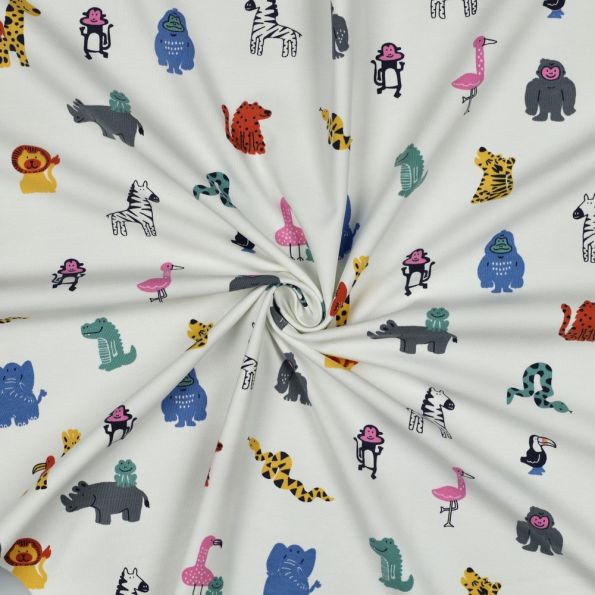Tissu Jersey Coton imprimé Animaux Pop sur fond Blanc - Par 10 cm