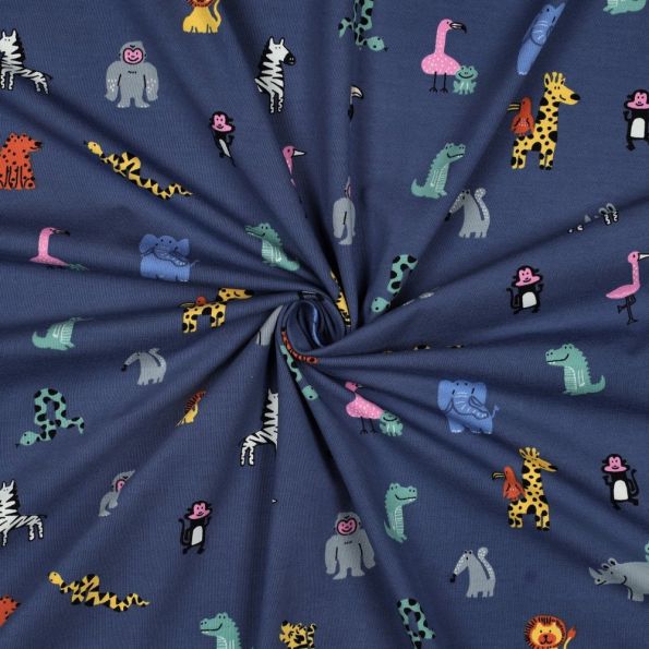 Tissu Jersey Coton imprimé Animaux Pop sur fond Bleu marine - Par 10 cm