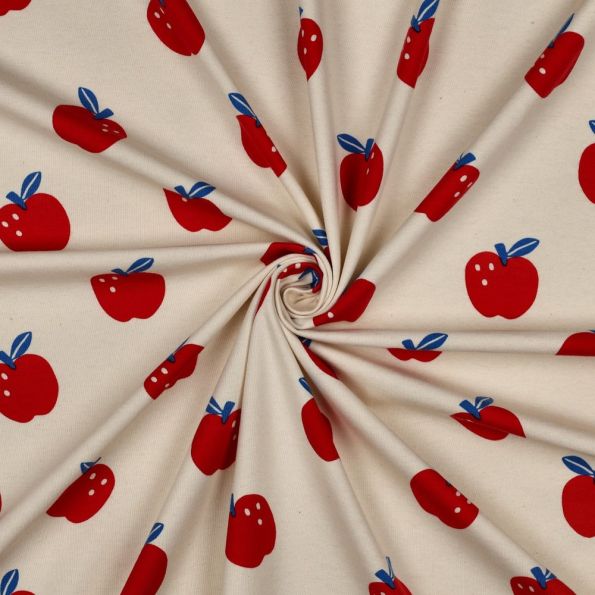 Tissu Jersey Coton Bio imprimé Pomme rouge sur fond Beige - Par 10 cm