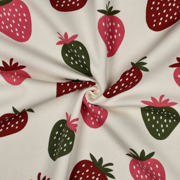 Tissu Sweat envers polaire Jade fraises multicolores sur fond Ecru - Par 10 cm