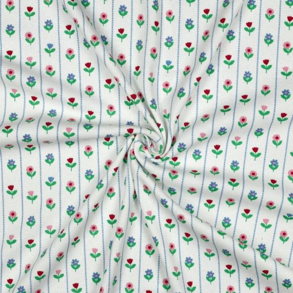 Tissu Jersey Coton imprimé Rayures fleuris Melodie vert sur fond Blanc - Par 10 cm