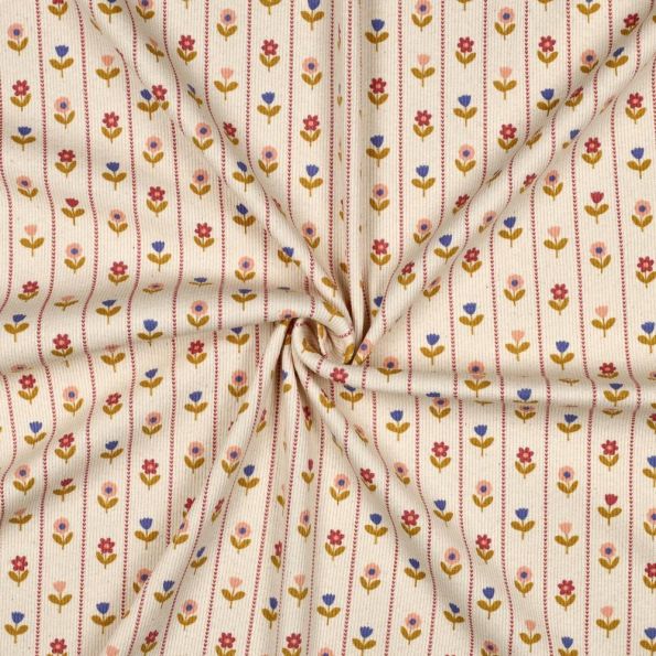 Tissu Jersey Coton imprimé Rayures vichy fleuris ocre sur fond Ecru - Par 10 cm