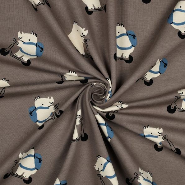 Tissu Sweat léger envers molletonné Yanis funny rhino sur fond Taupe - Par 10 cm