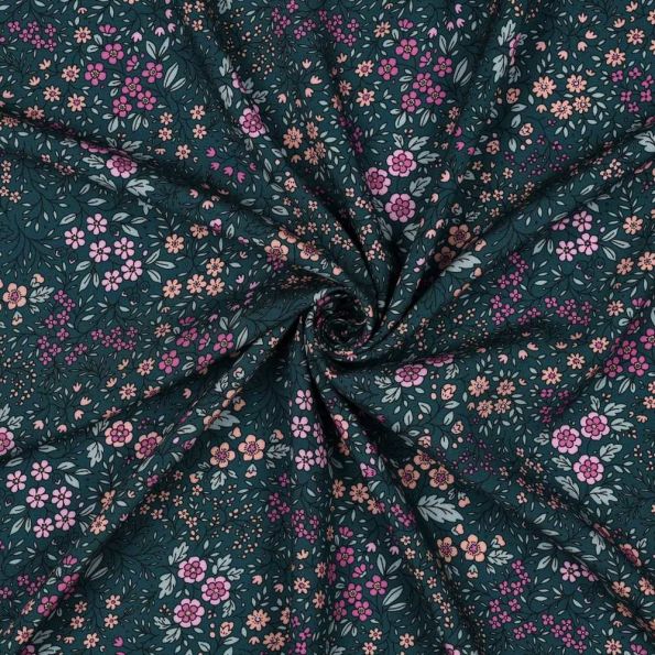 Tissu Viscose Ecovero Fleuris Caméliane sur fond Vert canard - Par 10 cm