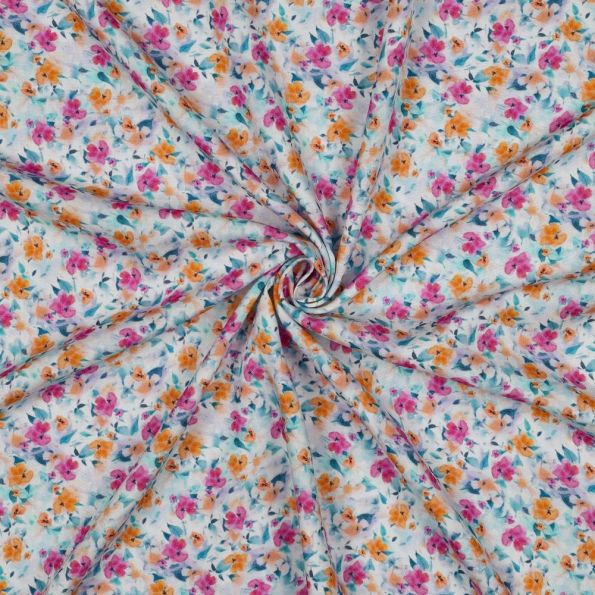 Tissu Viscose Ecovero Fleuris Azélya sur fond Blanc - Par 10 cm