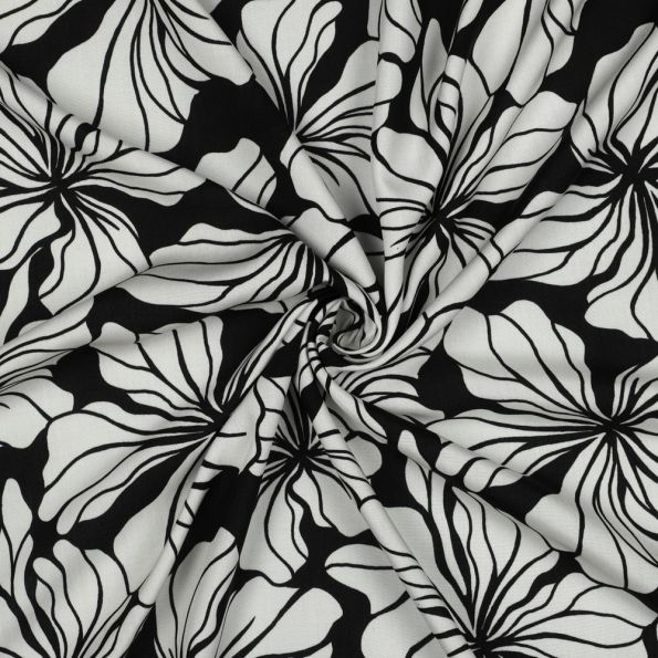 Tissu Viscose imprimé Fleurs Méloria blanches sur fond Noir - Par 10 cm