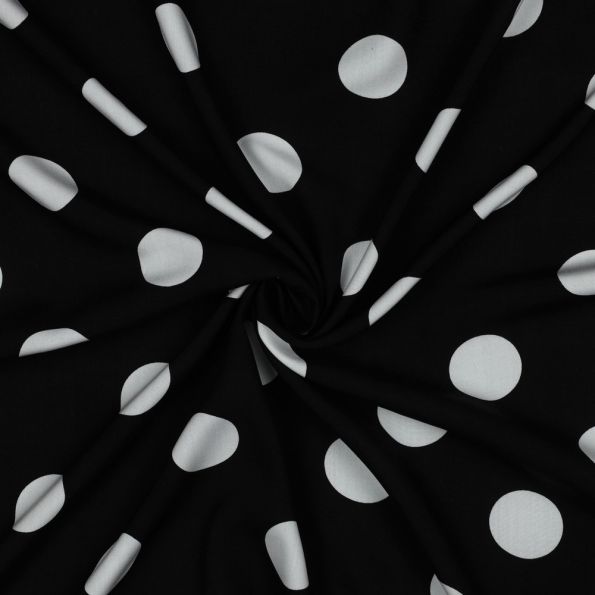 Tissu Viscose imprimé Inès grands pois Blanc sur fond Noir - Par 10 cm