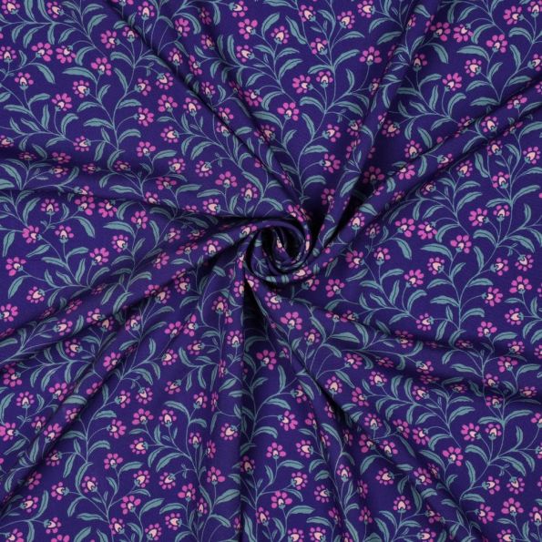Tissu Viscose imprimé Irina fleurs Bleu et Rose sur fond Violet - Par 10 cm