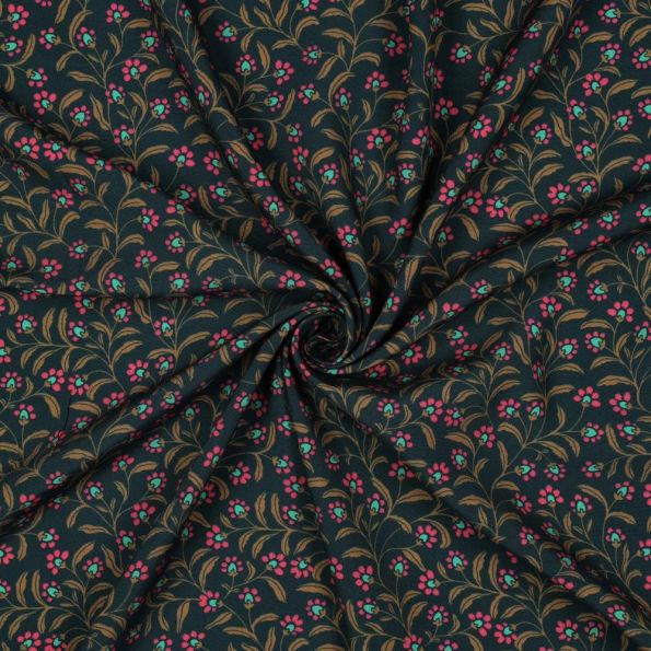 Tissu Viscose imprimé Irina fleurs Bronze et Rose sur fond Vert foncé - Par 10 cm