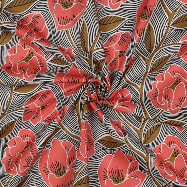 Tissu Voile de Coton digital Paola fleurs Corail et Bronze sur fond Blanc - Par 10 cm