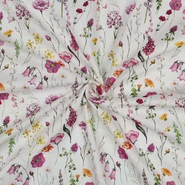 Tissu Voile de Coton digital Louisa fleurs sauvage sur fond Blanc cassé - Par 10 cm