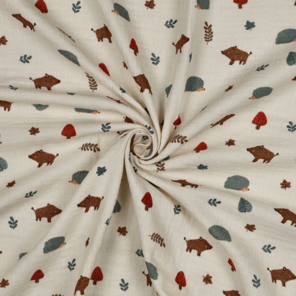 Tissu Double gaze de Coton Bio Edgar animaux de la forêt sur fond Ecru - Par 10 cm