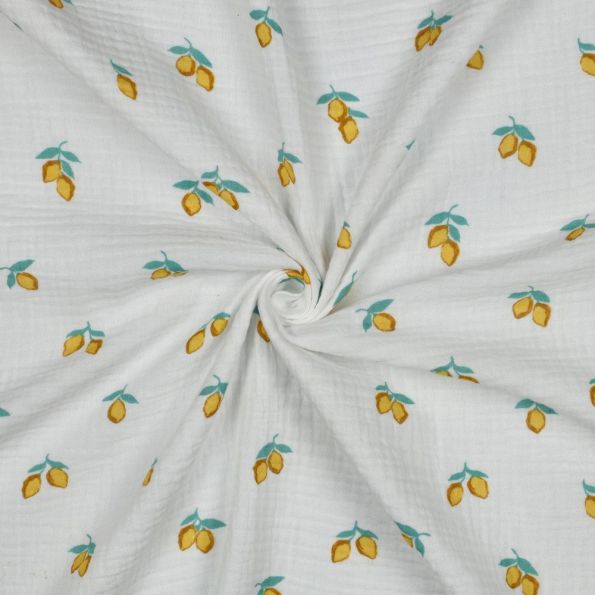 Tissu Double gaze de Coton Bio Capri petits citrons sur fond Blanc cassé - Par 10 cm