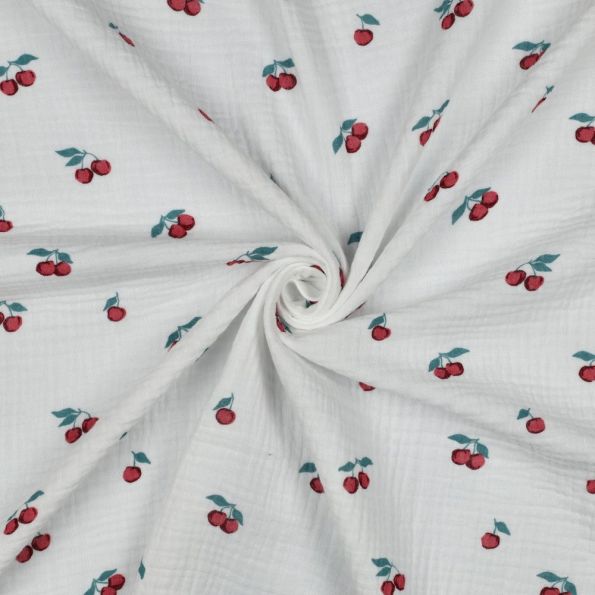 Tissu Double gaze de Coton Bio Capri petites cerises sur fond Blanc cassé - Par 10 cm