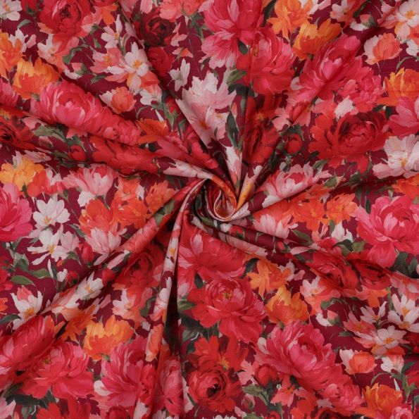Tissu Voile de Coton digital Mona fleurs Rouge et Blanche sur fond Bordeaux - Par 10 cm