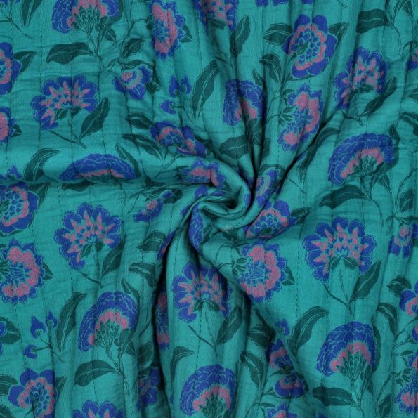 Tissu Double gaze de Coton Matelassé Elea fleurs Bleu réversible sur fond Vert canard - Par 10 cm