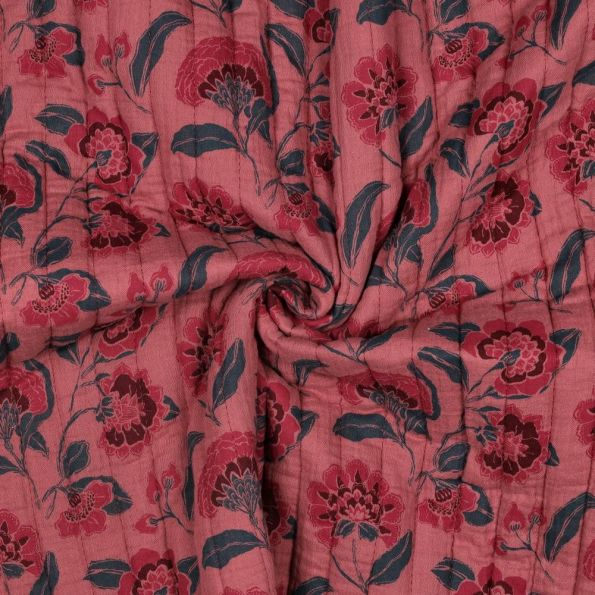 Coupon Tissu Double gaze de Coton Matelassé Elea fleurs Mauve réversible sur fond Vieux rose - Coupon de 150 cm