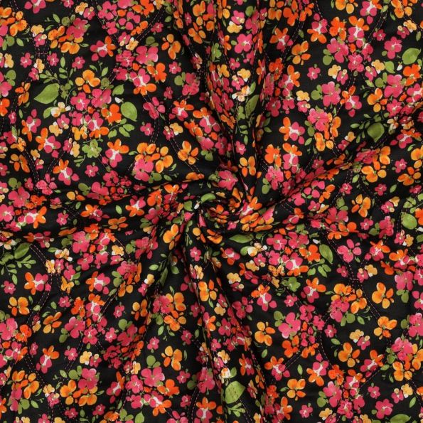Tissu Coton Matelassé réversible digital Lio tapis de fleurs sur fond Noir - Par 10 cm
