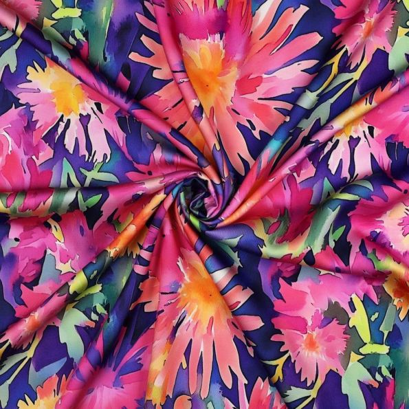 Tissu Viscose satiné digital Alicia fleurs Rose sur fond Bleu - Par 10 cm