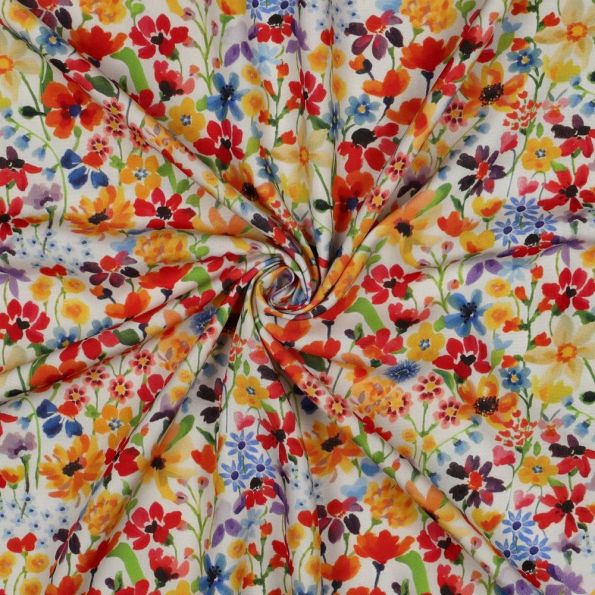 Tissu Viscose satiné digital Oria fleurs de printemps sur fond Blanc cassé - Par 10 cm