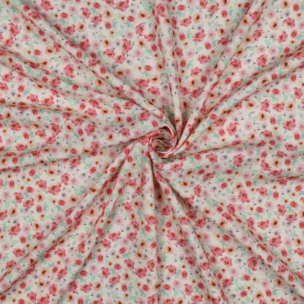 Tissu Viscose imprimé digital Ursula tapis de fleurs Rose sur fond Ecru - Par 10 cm