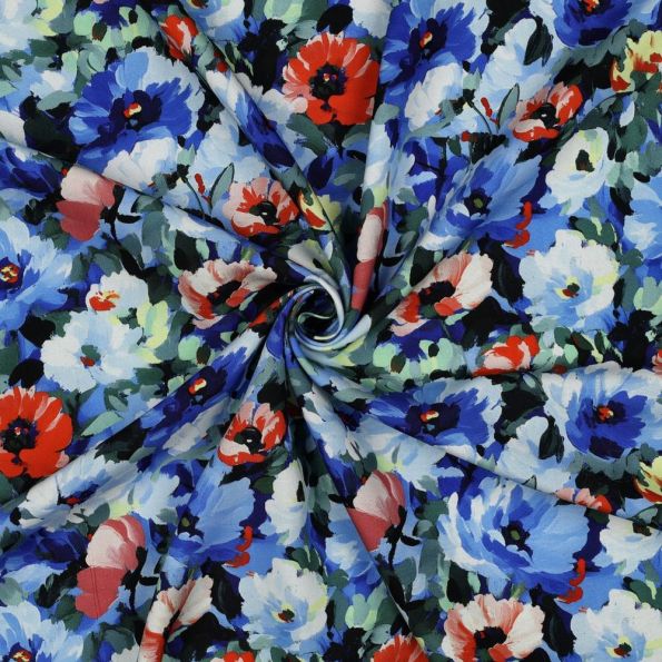Tissu Viscose imprimé digital Alba fleurs Bleu sur fond Noir - Par 10 cm