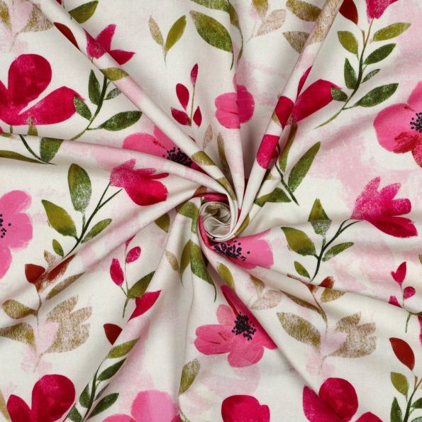 Tissu Viscose imprimé digital Eira petits coquelicots Rose Fuschia sur fond Blanc cassé - Par 10 cm