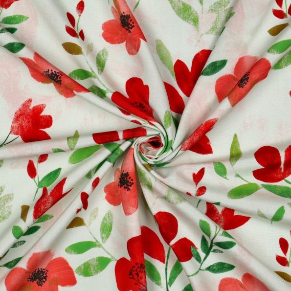 Tissu Viscose imprimé digital Eira petits coquelicots Rouge sur fond Blanc cassé - Par 10 cm