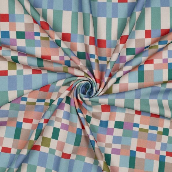 Tissu Viscose imprimé digital Mire carreaux Bleu, Vert, Rose et Rouge sur fond Beige - Par 10 cm