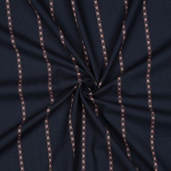 Tissu Voile de Coton Jacquard Olivia fines rayures brodées sur fond Bleu marine - Par 10 cm