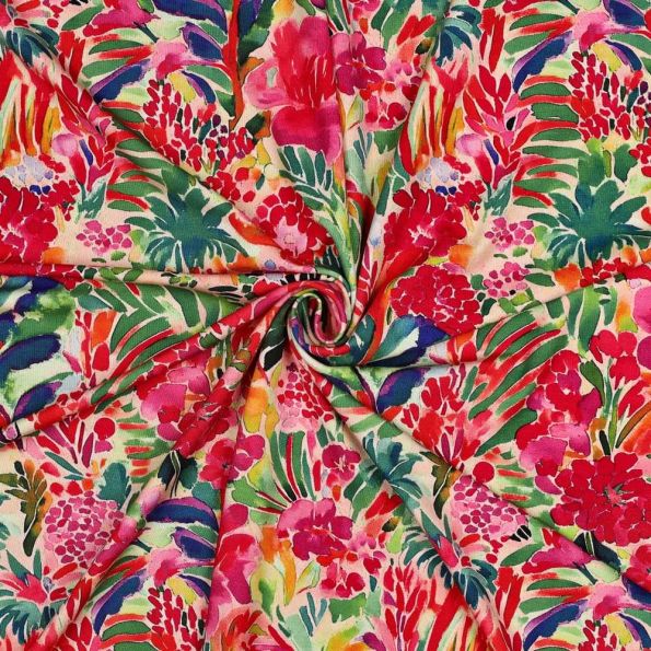 Tissu Jersey Viscose imprimé Alhambra jardin lumineux sur fond Rose saumon - Par 10 cm