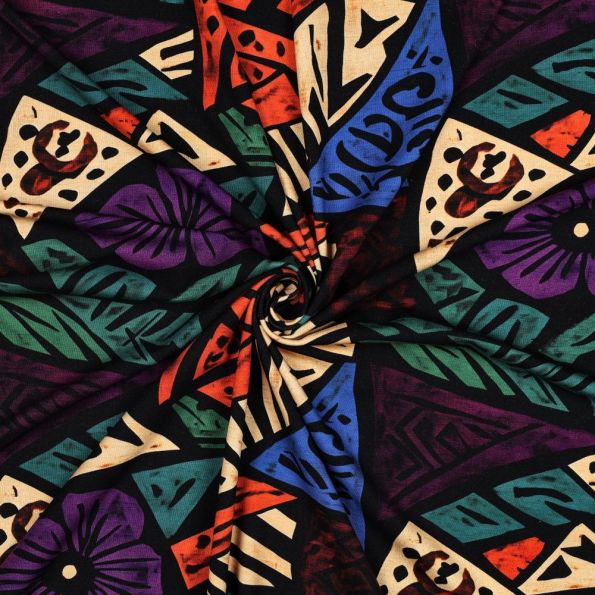 Tissu Jersey Viscose imprimé Amara motifs tribal Multicolore sur fond Noir - Par 10 cm